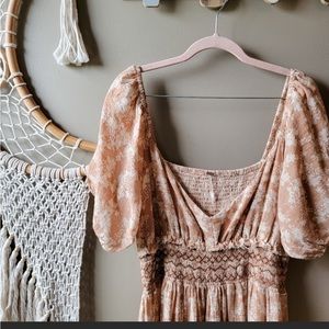 Free People | Ellie Floral Printed Smocked Midi Dress Neutral Combo